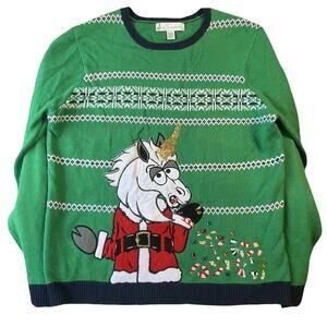 Jolly Sweaters Men Sweatshirt XL Green Fair Isle Unicorn Candy Canes Christmas